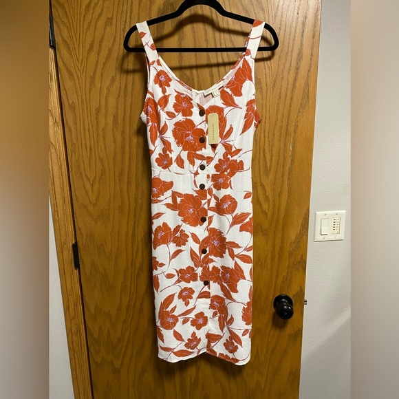 NWT Monteau Linen Blend Floral Button Front Midi Dress Size M Cottagecore Summer - Picture 1 of 7